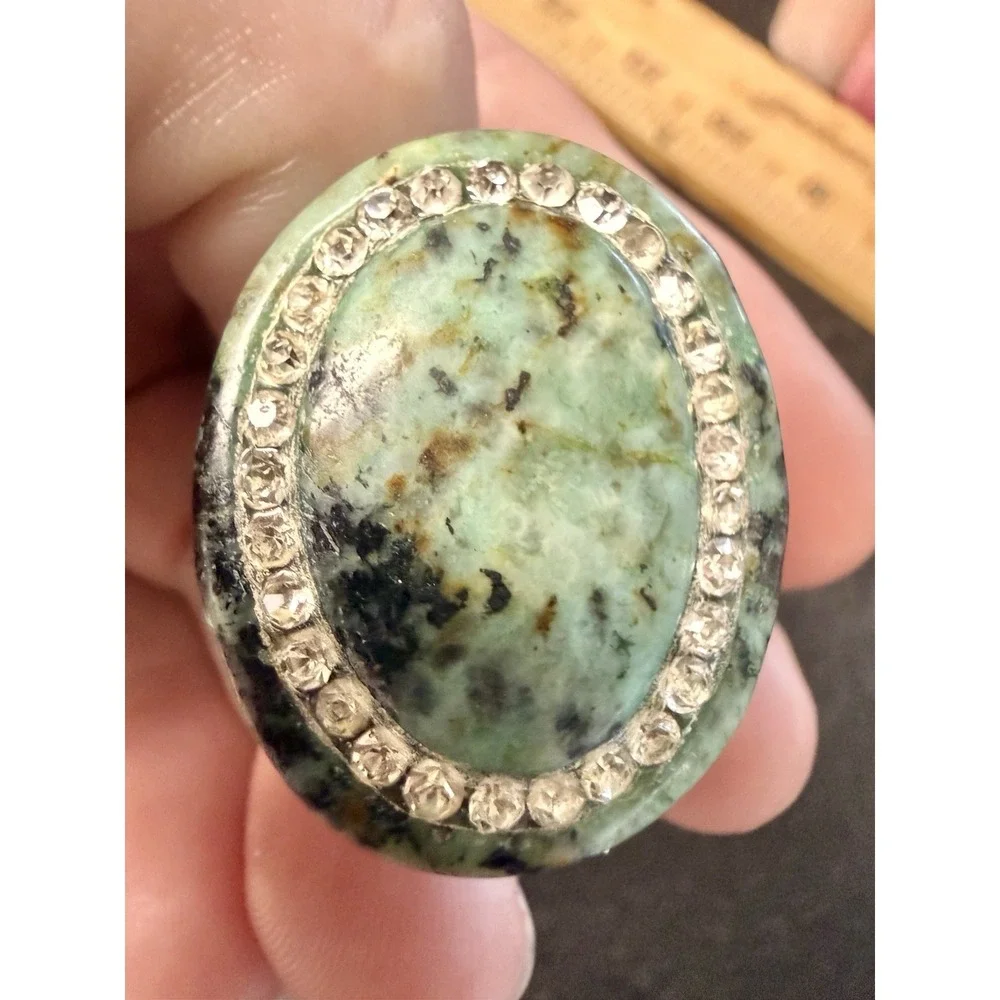 Vintage Natural Variscite Rhinestone Halo Statement Ring Size 6.5